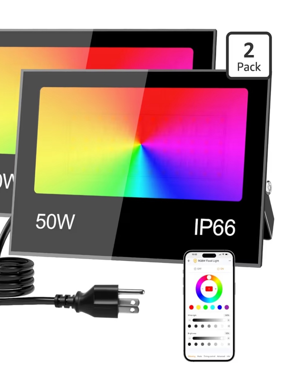 RGB LED Flood Light 50W IP66 Waterproof - Color Changing (2 Pack)